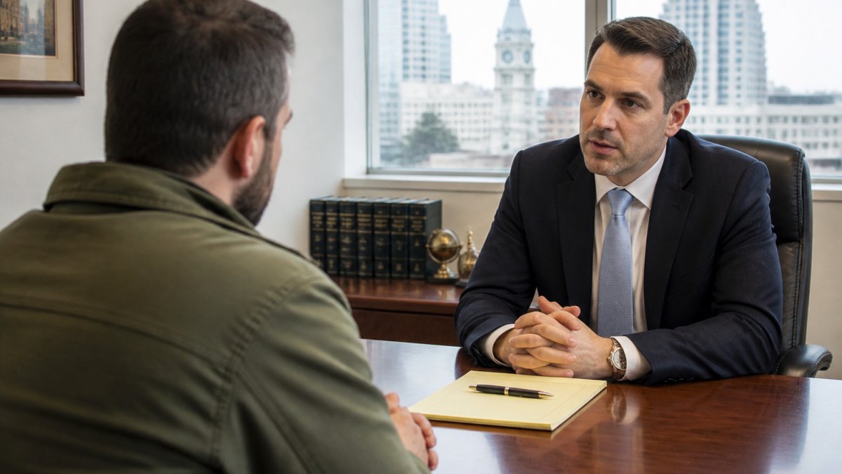 A person consulting with their criminal defense attorney in a bright, professional Philadelphia office.