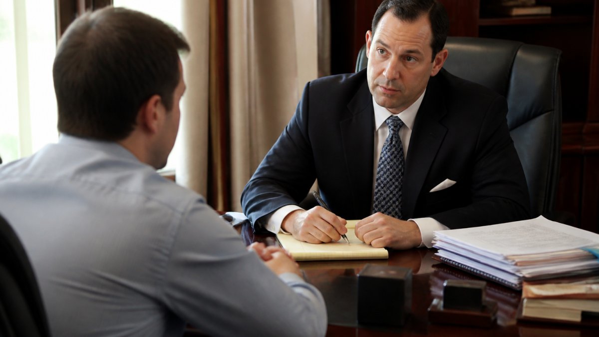 Professional attorney in business attire sitting across from a client at a wooden desk during a consultation, with legal documents and notepad visible, conveying trust and focused attention