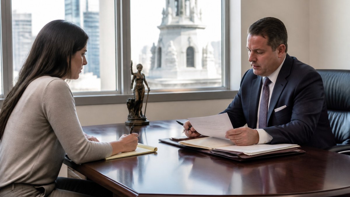 Client and lawyer discussing if one lawyer can handle multiple legal issues in a Philadelphia office