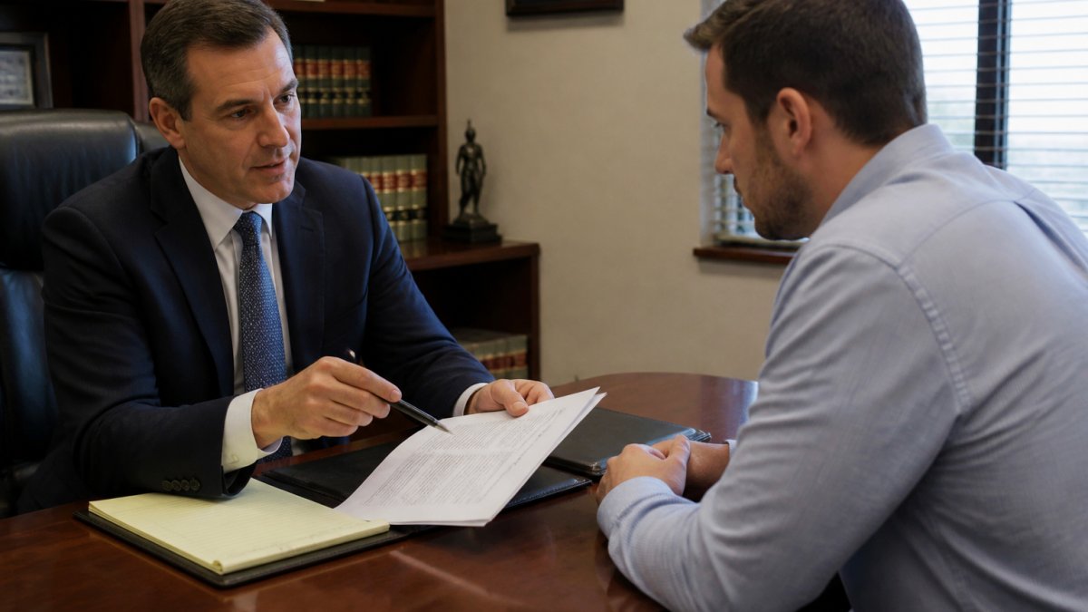Professional attorney meeting with client in modern law office, discussing documents and fee structure at desk with notepad and pen