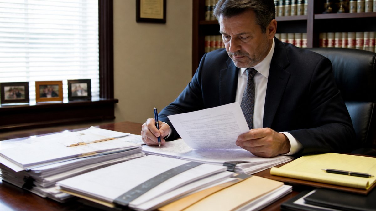 Professional reviewing documents and case notes at desk with calendar and pen, preparing legal materials for hearing