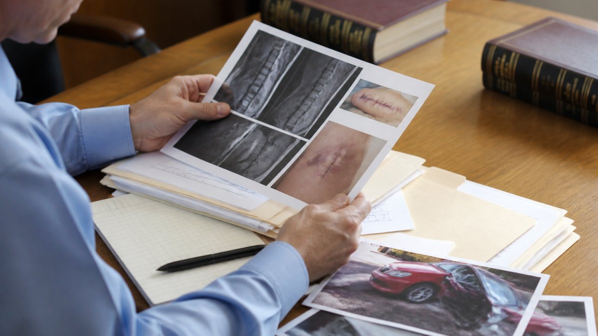 Person reviewing medical documents and injury photographs at a table with a notebook, showing documentation for personal injury claims
