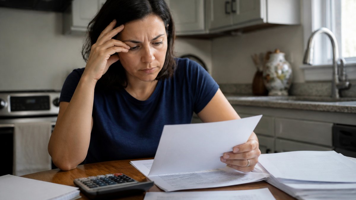 A person sitting at a kitchen table reviewing a settlement offer letter, with a calculator, medical bills, and a pen nearby, looking focused and cautious