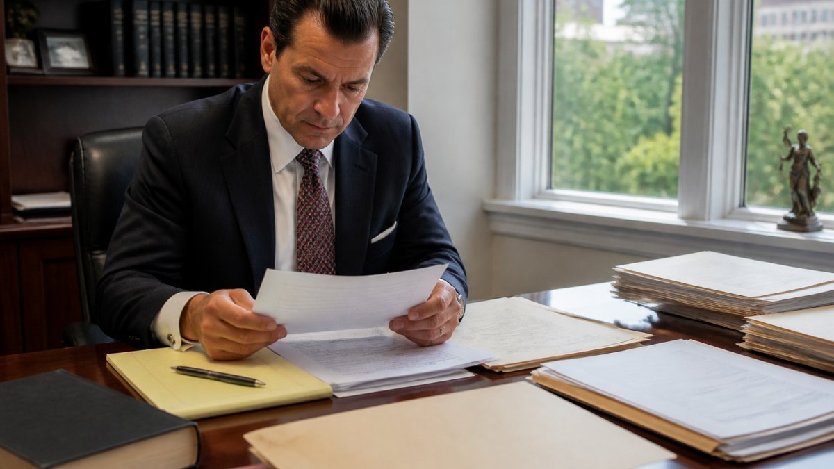 Professional sitting at desk reviewing documents and case notes with notepad and pen visible, natural window lighting in background
