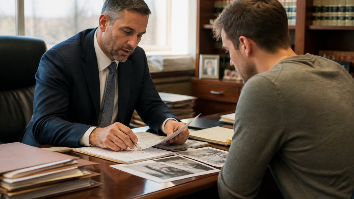 Criminal defense attorney reviewing case evidence with a client to discuss steps to take after being arrested
