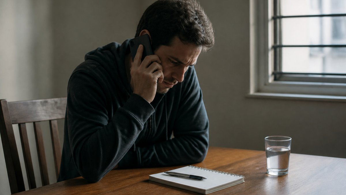 A person sitting at a wooden table in a quiet room, speaking on a phone with a notepad and pen nearby, conveying the urgency of contacting a lawyer after an arrest